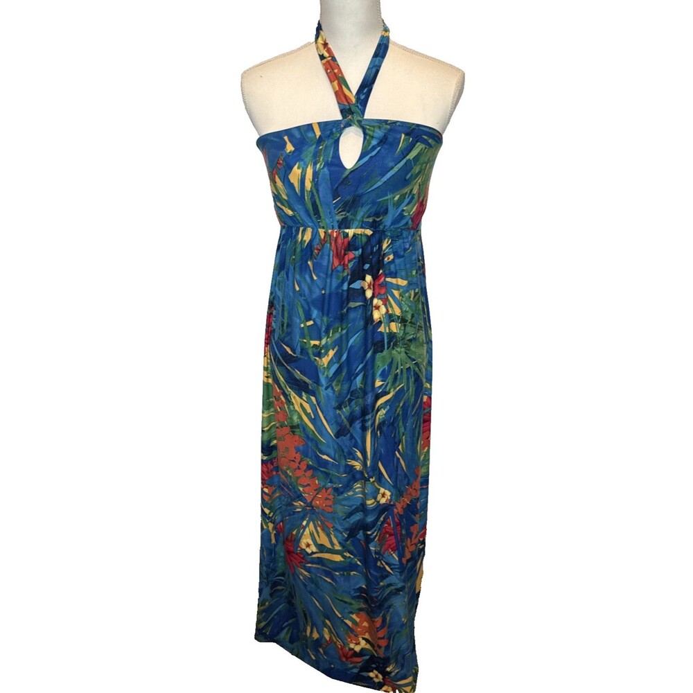 Soma Womens Halter Maxi Dress Soft Jersey Medium Tropical Hawaiian Vacation